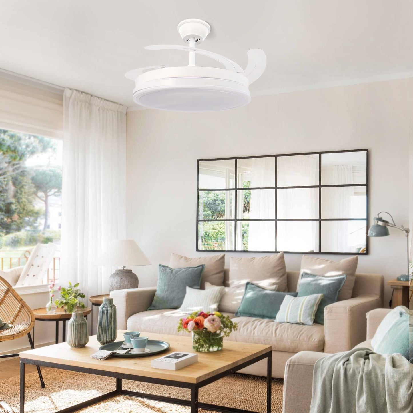 Ventilador De Techo Con Luz Led En Techo Dc Led Atenuable Retractil 4 Aspas Blanco 107 D- Opción Sin Pitido, Temporizador, Control Invierno Verano, 3 Tonos, Modo Brisa, Bajo Consumo