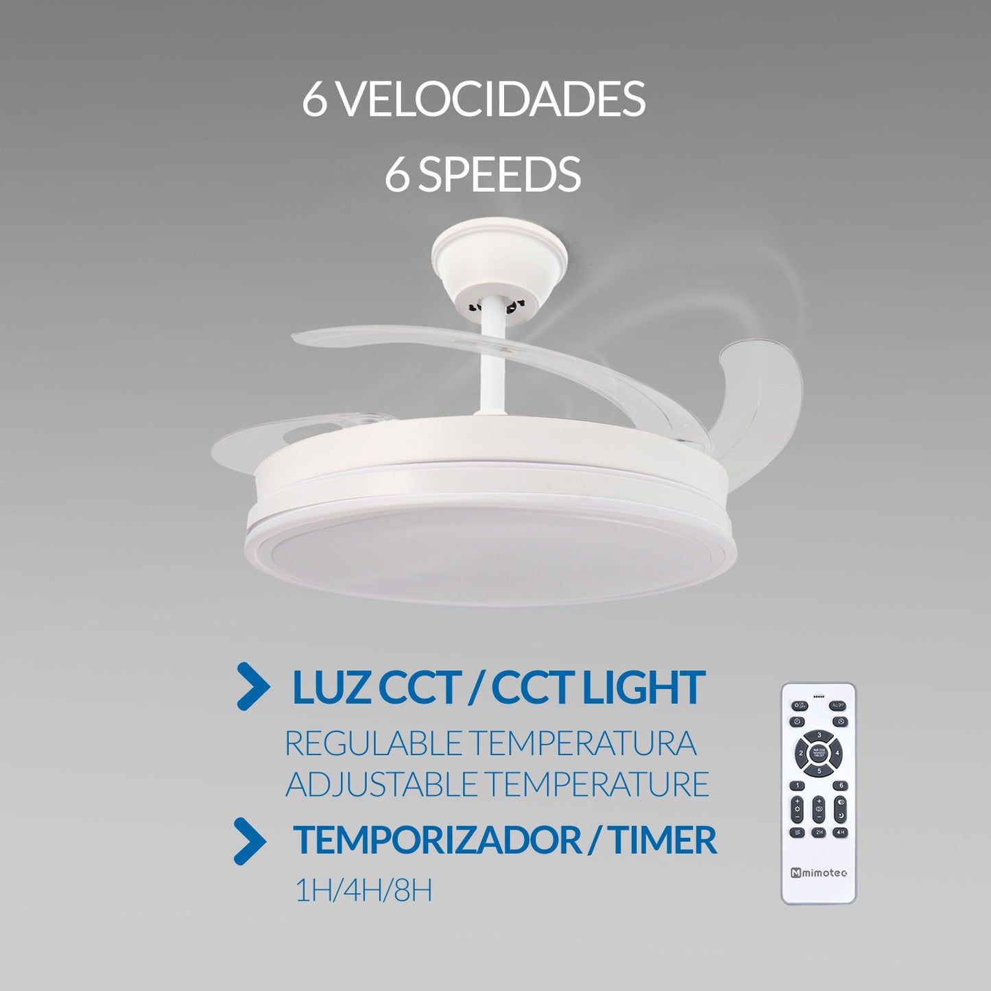 Ventilador De Techo Con Luz Led En Techo Dc Led Atenuable Retractil 4 Aspas Blanco 107 D- Opción Sin Pitido, Temporizador, Control Invierno Verano, 3 Tonos, Modo Brisa, Bajo Consumo